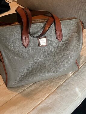 Dooney & Bourke Pebbled Leather Satchel in Grey with Brown Trim